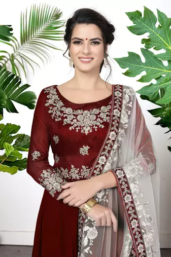 Maroon Faux Georgette Semi-Stitched Semi Stitched Salwar Suits