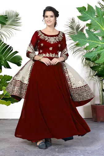 Maroon Faux Georgette Semi-Stitched Semi Stitched Salwar Suits