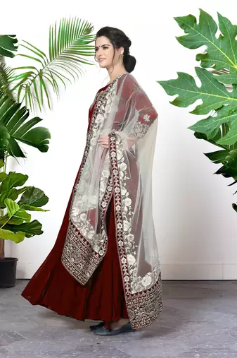 Maroon Faux Georgette Semi-Stitched Semi Stitched Salwar Suits