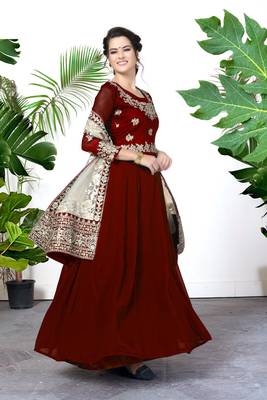 Maroon Faux Georgette Semi-Stitched Semi Stitched Salwar Suits 5