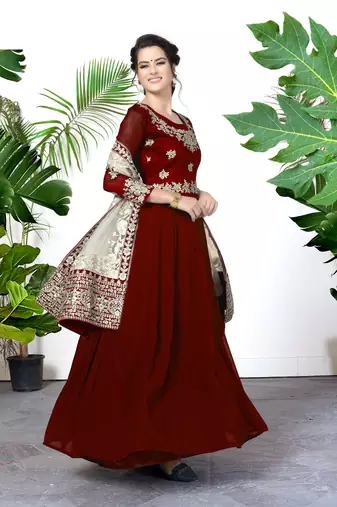Maroon Faux Georgette Semi-Stitched Semi Stitched Salwar Suits