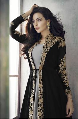Black Faux Georgette Semi-Stitched Bollywood Salwar Kameez Online 2
