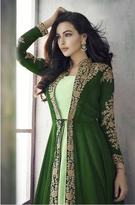 Green Faux Georgette Semi-Stitched Ethnic Suits 2