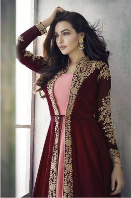  Maroon Faux Georgette Semi-Stitched Wedding Salwar Kameez 2