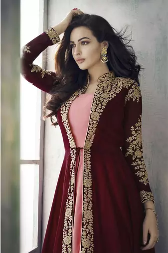  Maroon Faux Georgette Semi-Stitched Wedding Salwar Kameez