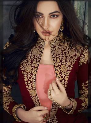  Maroon Faux Georgette Semi-Stitched Wedding Salwar Kameez 3