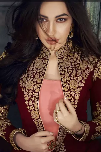  Maroon Faux Georgette Semi-Stitched Wedding Salwar Kameez