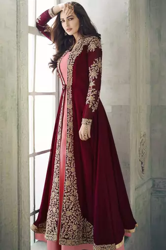  Maroon Faux Georgette Semi-Stitched Wedding Salwar Kameez