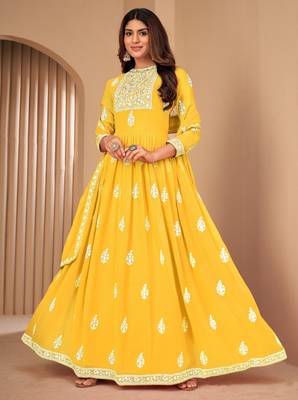 Captivating Yellow Faux Georgette Semi-Stitched Wedding Salwar Kameez 1