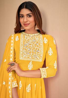Captivating Yellow Faux Georgette Semi-Stitched Wedding Salwar Kameez 2