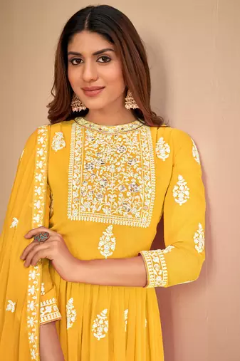 Captivating Yellow Faux Georgette Semi-Stitched Wedding Salwar Kameez