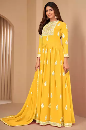 Captivating Yellow Faux Georgette Semi-Stitched Wedding Salwar Kameez