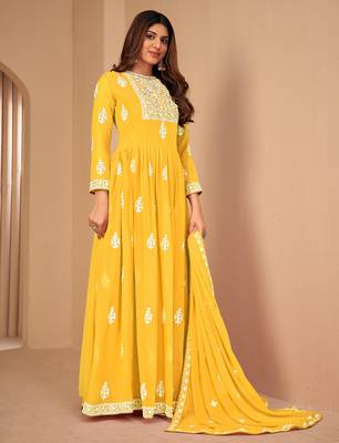 Captivating Yellow Faux Georgette Semi-Stitched Wedding Salwar Kameez 4