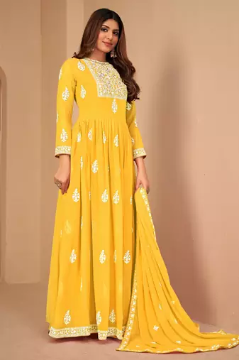 Captivating Yellow Faux Georgette Semi-Stitched Wedding Salwar Kameez