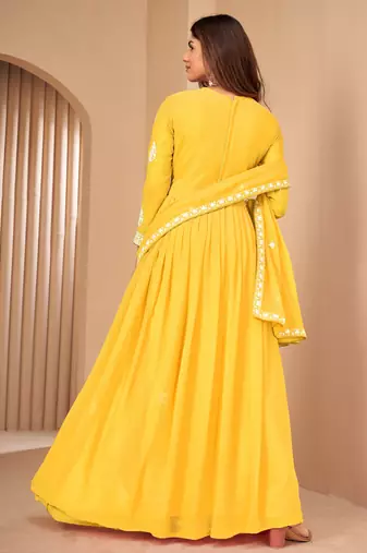 Captivating Yellow Faux Georgette Semi-Stitched Wedding Salwar Kameez