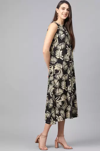  women's hot neck leaf print a-line dress