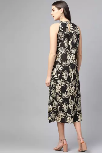  women's hot neck leaf print a-line dress