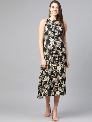  women's hot neck leaf print a-line dress 4