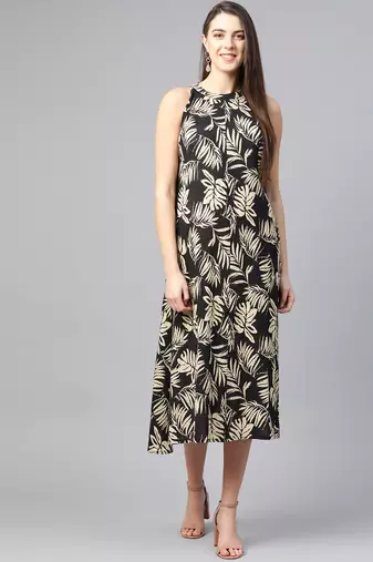  women's hot neck leaf print a-line dress