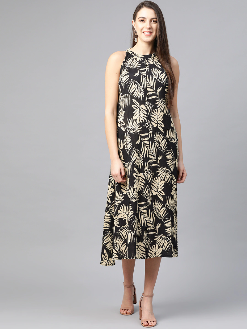 Yash gallery women's hot neck leaf print a-line dress