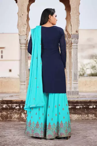 Enthralling Blue Faux Georgette Semi-Stitched Festive Salwar Suits