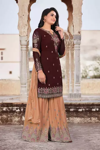 Dreamy Brown Faux Georgette Semi-Stitched Party Wear Salwar Kameez