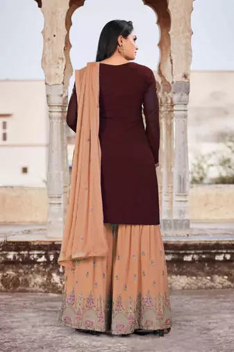 Dreamy Brown Faux Georgette Semi-Stitched Party Wear Salwar Kameez