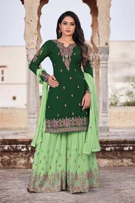 Green Faux Georgette Semi-Stitched Ethnic Suits 1