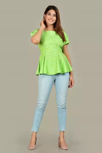  women's rayon stripe printed regular top (green)