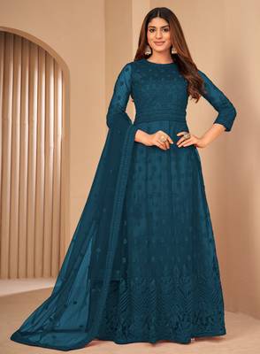 Teal Blue Net Semi-Stitched Festive Salwar Suits 1
