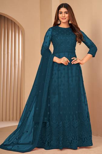 Teal Blue Net Semi-Stitched Festive Salwar Suits