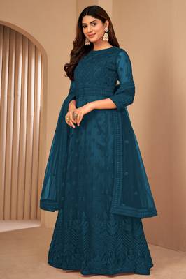 Teal Blue Net Semi-Stitched Festive Salwar Suits 3