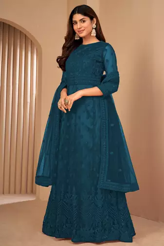 Teal Blue Net Semi-Stitched Festive Salwar Suits