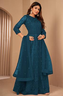 Teal Blue Net Semi-Stitched Festive Salwar Suits 4