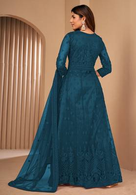 Teal Blue Net Semi-Stitched Festive Salwar Suits 5