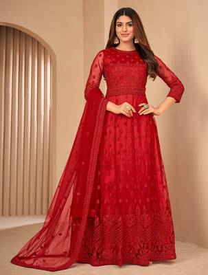 Red Net Semi-Stitched Party Wear Salwar Kameez 1