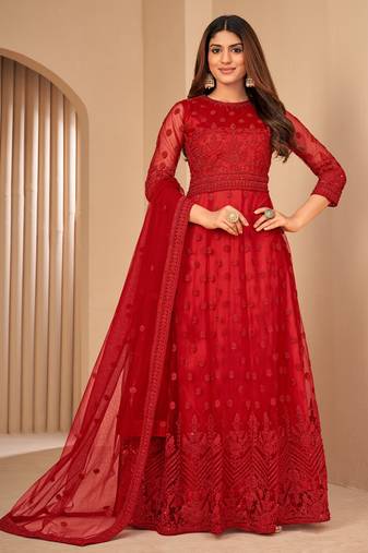 Red Net Semi-Stitched Party Wear Salwar Kameez