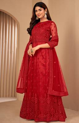 Red Net Semi-Stitched Party Wear Salwar Kameez 4