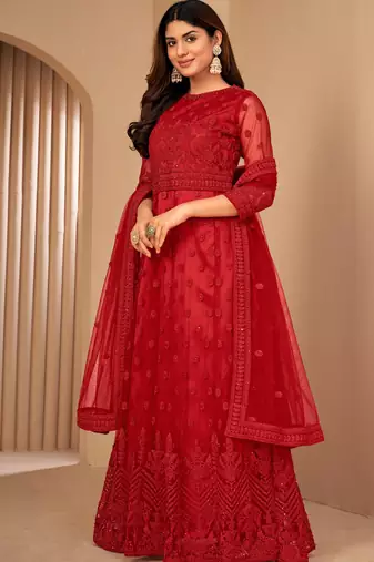 Red Net Semi-Stitched Party Wear Salwar Kameez