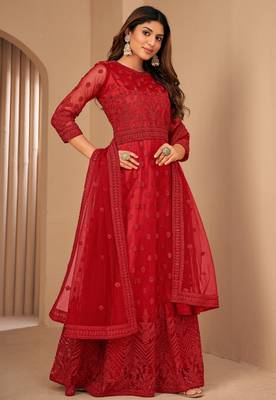 Red Net Semi-Stitched Party Wear Salwar Kameez 5
