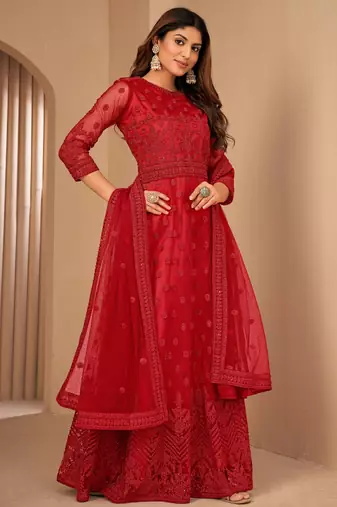 Red Net Semi-Stitched Party Wear Salwar Kameez