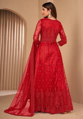 Red Net Semi-Stitched Party Wear Salwar Kameez 6
