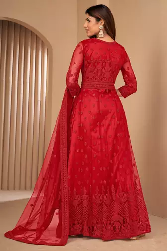 Red Net Semi-Stitched Party Wear Salwar Kameez