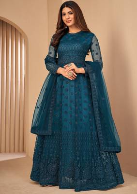 Teal Blue Net Semi-Stitched Wedding Salwar Kameez 1