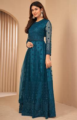 Teal Blue Net Semi-Stitched Wedding Salwar Kameez 4