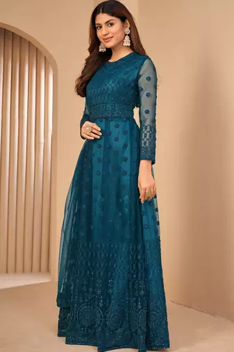 Teal Blue Net Semi-Stitched Wedding Salwar Kameez
