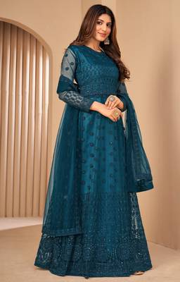 Teal Blue Net Semi-Stitched Wedding Salwar Kameez 5