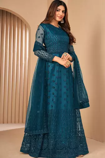 Teal Blue Net Semi-Stitched Wedding Salwar Kameez