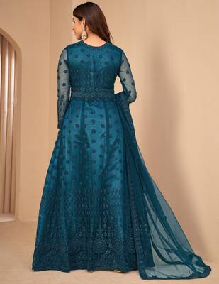 Teal Blue Net Semi-Stitched Wedding Salwar Kameez 6