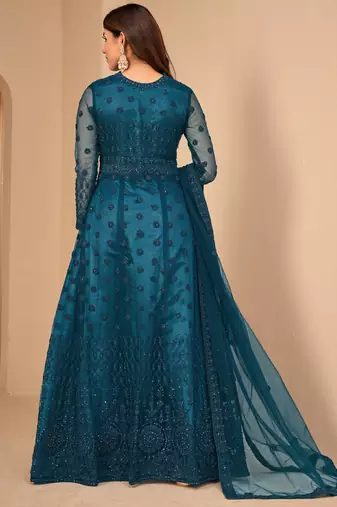 Teal Blue Net Semi-Stitched Wedding Salwar Kameez